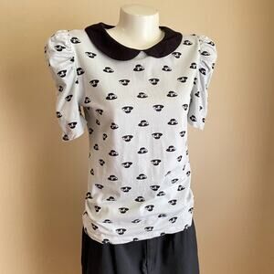 Forever 21 Large Mint Navy Hat Print Blouse Collared Ruffle Short Sleeve Stretch